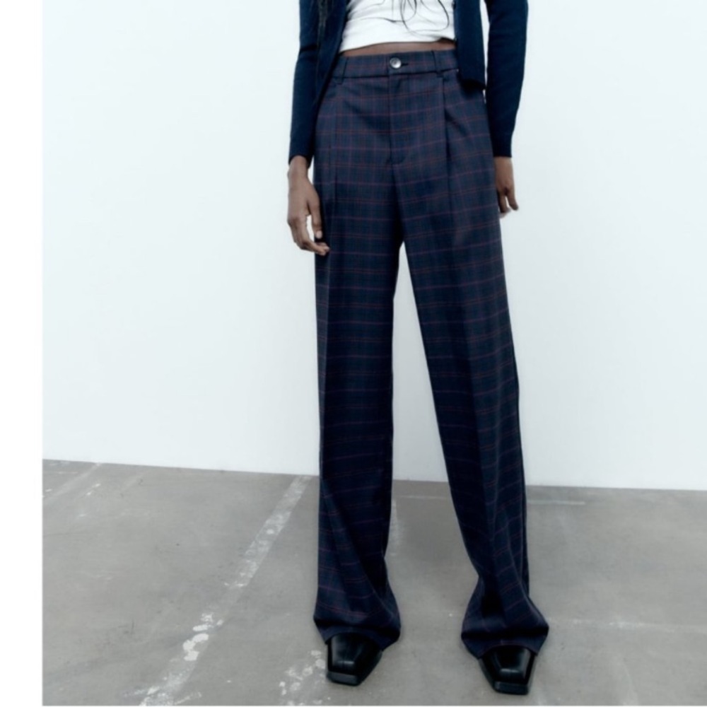 Zara Full Length High Rise Wide Leg Plaid Pants Size M